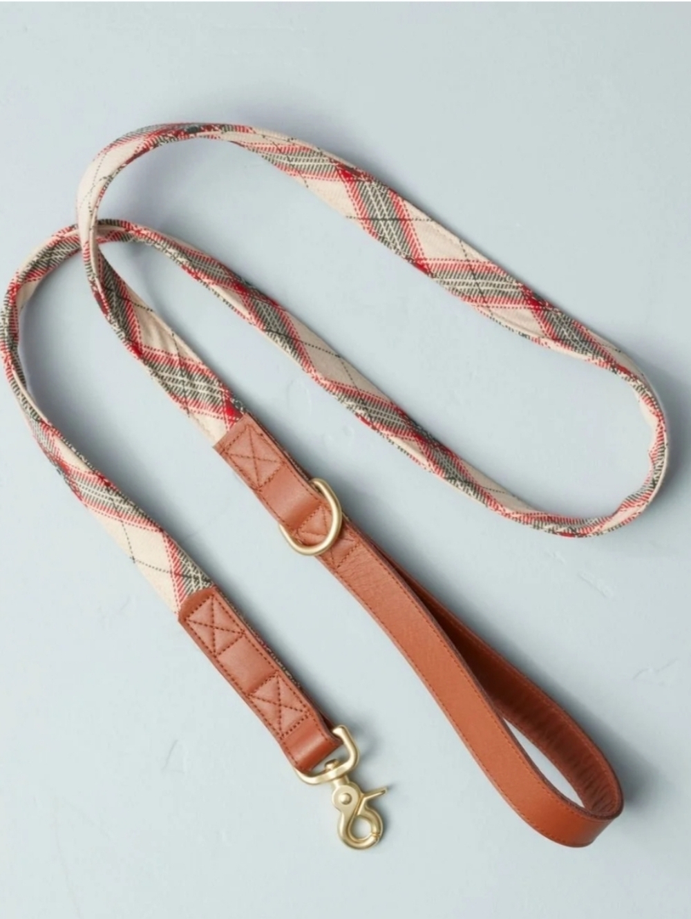 Hearth & Hand Cream and Red Plaid Dog Leash with Brown Leather Trim